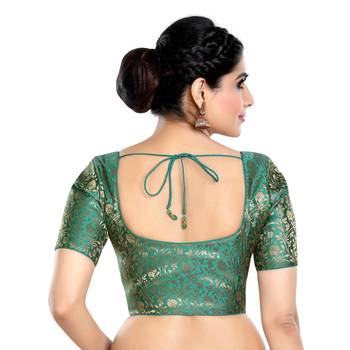Rama Green Floral Print U Neck Half Sleeves Readymade Saree Blouse 2