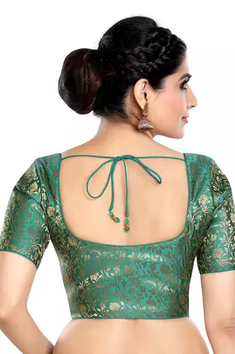 Rama Green Floral Print U Neck Half Sleeves Readymade Saree Blouse