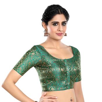 Rama Green Floral Print U Neck Half Sleeves Readymade Saree Blouse 3