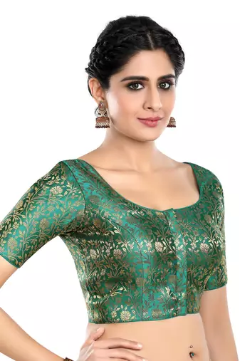 Rama Green Floral Print U Neck Half Sleeves Readymade Saree Blouse