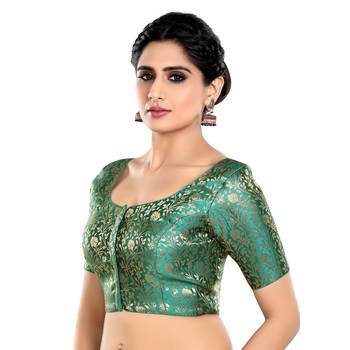 Rama Green Floral Print U Neck Half Sleeves Readymade Saree Blouse 4
