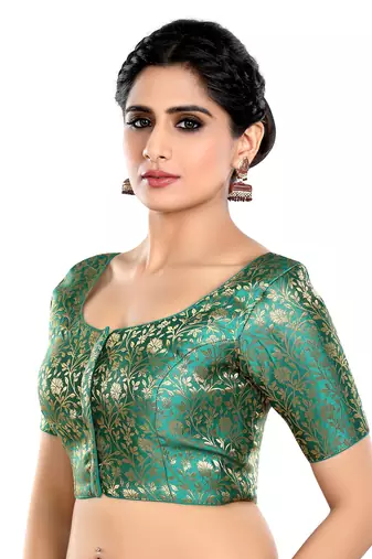 Rama Green Floral Print U Neck Half Sleeves Readymade Saree Blouse