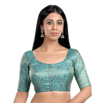Sky Blue Floral Print U Neck Half Sleeves Readymade Saree Blouse 1