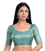 Sky Blue Floral Print U Neck Half Sleeves Readymade Saree Blouse