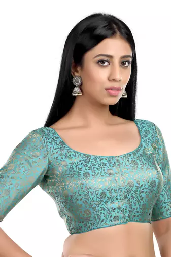 Sky Blue Floral Print U Neck Half Sleeves Readymade Saree Blouse