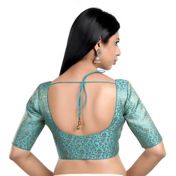 Sky Blue Floral Print U Neck Half Sleeves Readymade Saree Blouse 3