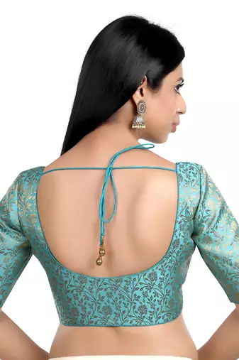 Sky Blue Floral Print U Neck Half Sleeves Readymade Saree Blouse