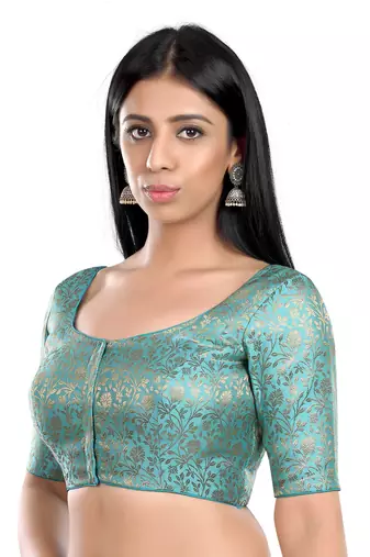 Sky Blue Floral Print U Neck Half Sleeves Readymade Saree Blouse