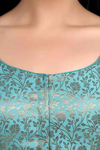 Sky Blue Floral Print U Neck Half Sleeves Readymade Saree Blouse