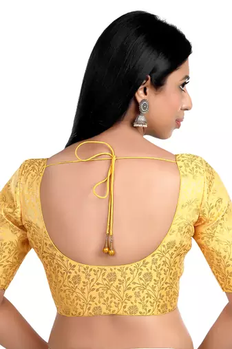Yellow Floral Print U Neck Half Sleeves Readymade Saree Blouse