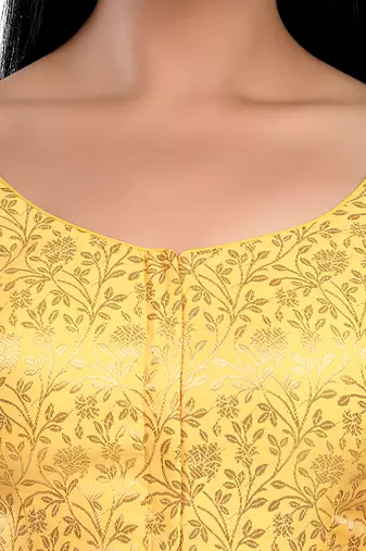 Yellow Floral Print U Neck Half Sleeves Readymade Saree Blouse