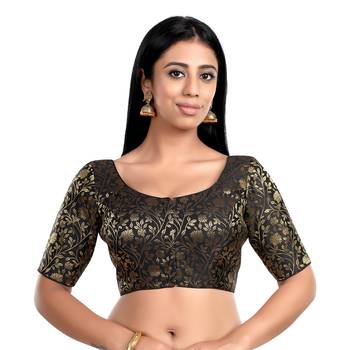 Black Floral Print U Neck Half Sleeves Readymade Saree Blouse 1