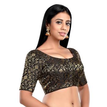 Black Floral Print U Neck Half Sleeves Readymade Saree Blouse 2