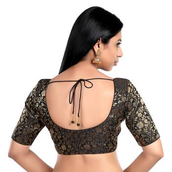 Black Floral Print U Neck Half Sleeves Readymade Saree Blouse 3