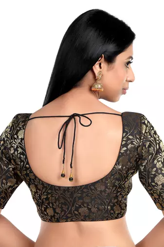Black Floral Print U Neck Half Sleeves Readymade Saree Blouse