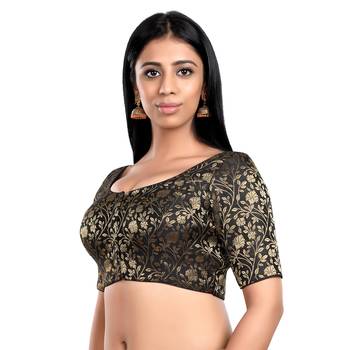 Black Floral Print U Neck Half Sleeves Readymade Saree Blouse 4