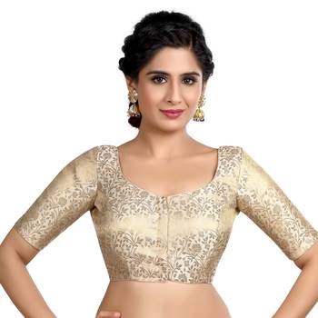 Cream Floral Print U Neck Half Sleeves Readymade Saree Blouse 1