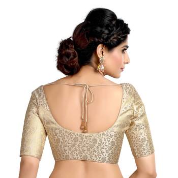 Cream Floral Print U Neck Half Sleeves Readymade Saree Blouse 2