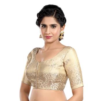 Cream Floral Print U Neck Half Sleeves Readymade Saree Blouse 3