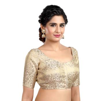 Cream Floral Print U Neck Half Sleeves Readymade Saree Blouse 4