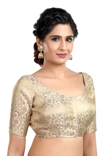Cream Floral Print U Neck Half Sleeves Readymade Saree Blouse
