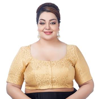 Gold Floral Print U Neck Half Sleeves Readymade Saree Blouse 1