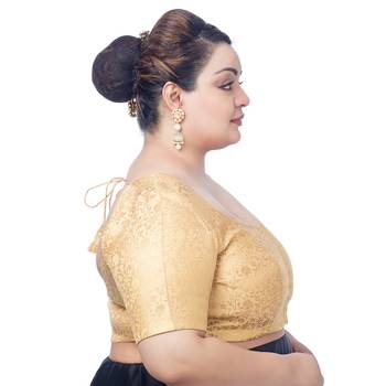Gold Floral Print U Neck Half Sleeves Readymade Saree Blouse 2