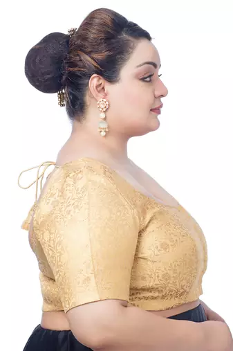 Gold Floral Print U Neck Half Sleeves Readymade Saree Blouse