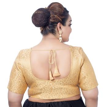 Gold Floral Print U Neck Half Sleeves Readymade Saree Blouse 3