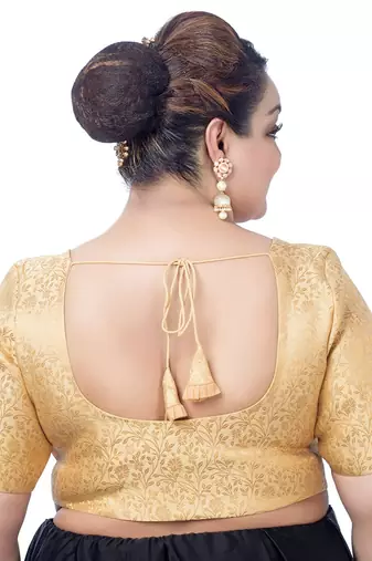 Gold Floral Print U Neck Half Sleeves Readymade Saree Blouse