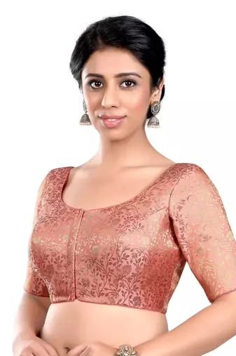 Peach Floral Print U Neck Half Sleeves Readymade Saree Blouse