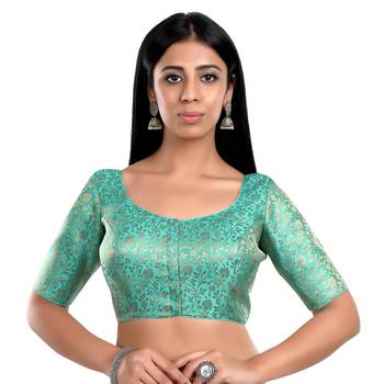 Pista Green Floral Print U Neck Half Sleeves Readymade Saree Blouse 1