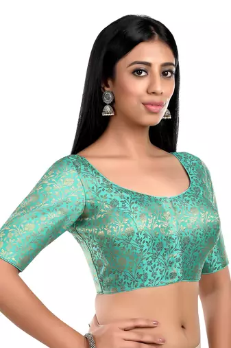 Pista Green Floral Print U Neck Half Sleeves Readymade Saree Blouse