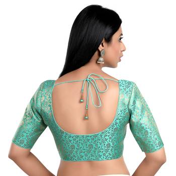 Pista Green Floral Print U Neck Half Sleeves Readymade Saree Blouse 3
