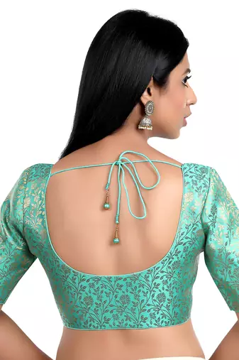 Pista Green Floral Print U Neck Half Sleeves Readymade Saree Blouse