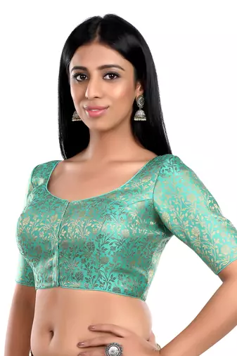Pista Green Floral Print U Neck Half Sleeves Readymade Saree Blouse