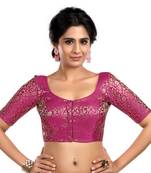 Purple Floral Print U Neck Half Sleeves Readymade Saree Blouse
