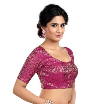 Purple Floral Print U Neck Half Sleeves Readymade Saree Blouse 3