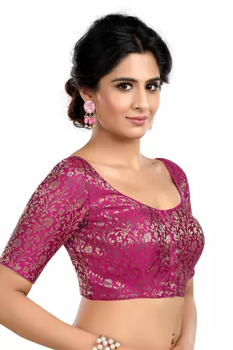 Purple Floral Print U Neck Half Sleeves Readymade Saree Blouse