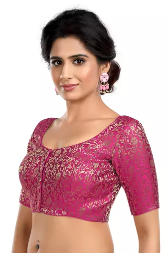 Purple Floral Print U Neck Half Sleeves Readymade Saree Blouse