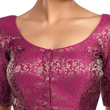 Purple Floral Print U Neck Half Sleeves Readymade Saree Blouse 5