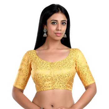 Yellow Floral Print U Neck Half Sleeves Readymade Saree Blouse 1