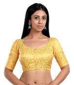 Yellow Floral Print U Neck Half Sleeves Readymade Saree Blouse