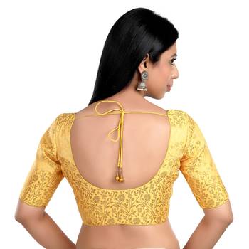 Yellow Floral Print U Neck Half Sleeves Readymade Saree Blouse 2