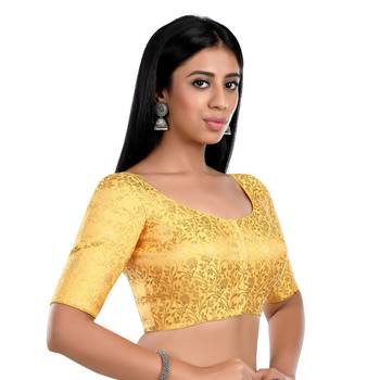 Yellow Floral Print U Neck Half Sleeves Readymade Saree Blouse 3