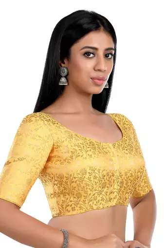 Yellow Floral Print U Neck Half Sleeves Readymade Saree Blouse