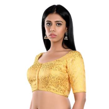 Yellow Floral Print U Neck Half Sleeves Readymade Saree Blouse 4