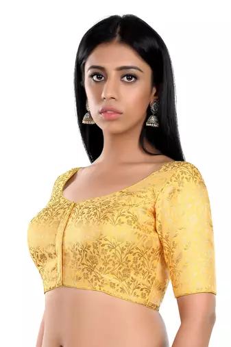 Yellow Floral Print U Neck Half Sleeves Readymade Saree Blouse