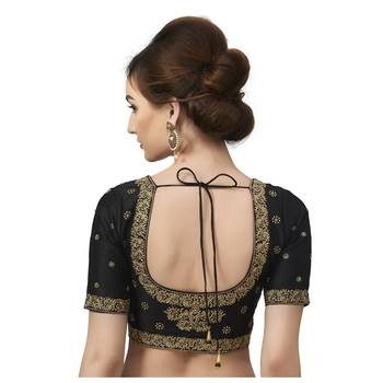 Black Embroidered Brocade Half Sleeves Readymade Saree Blouse 2