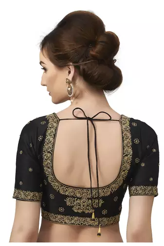 Black Embroidered Brocade Half Sleeves Readymade Saree Blouse